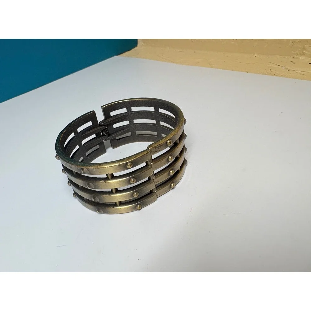 Antique Brass‎ Tone Industrial Four Band Studded Hinge Cuff Bracelet